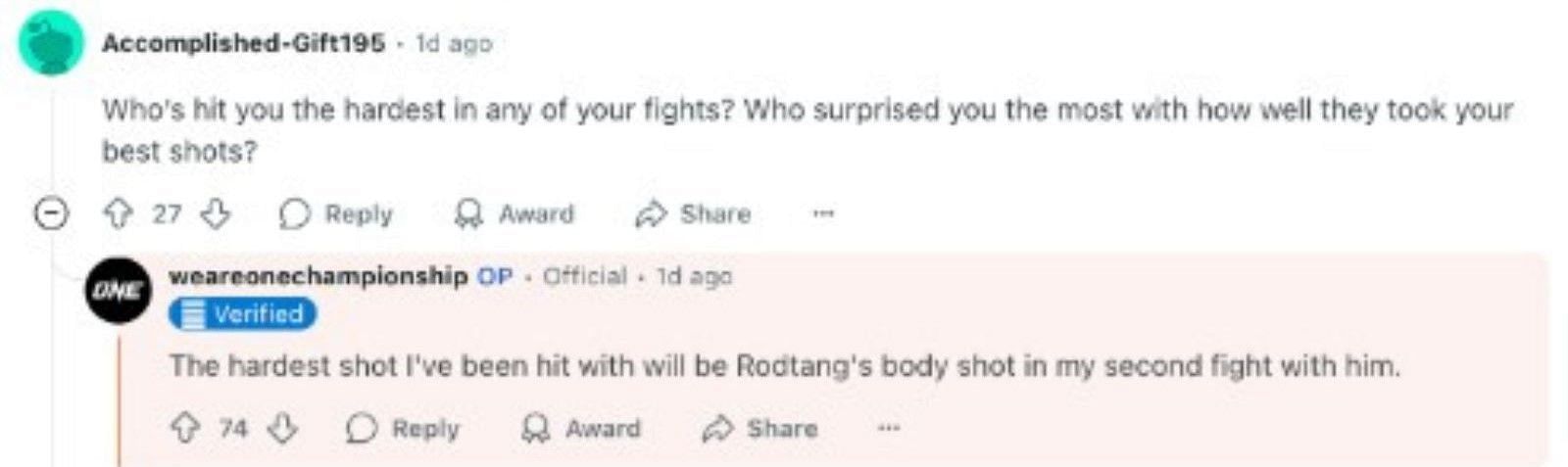 Jonathan Haggerty's response (Screenshot courtesy of @onechampionship on Reddit)